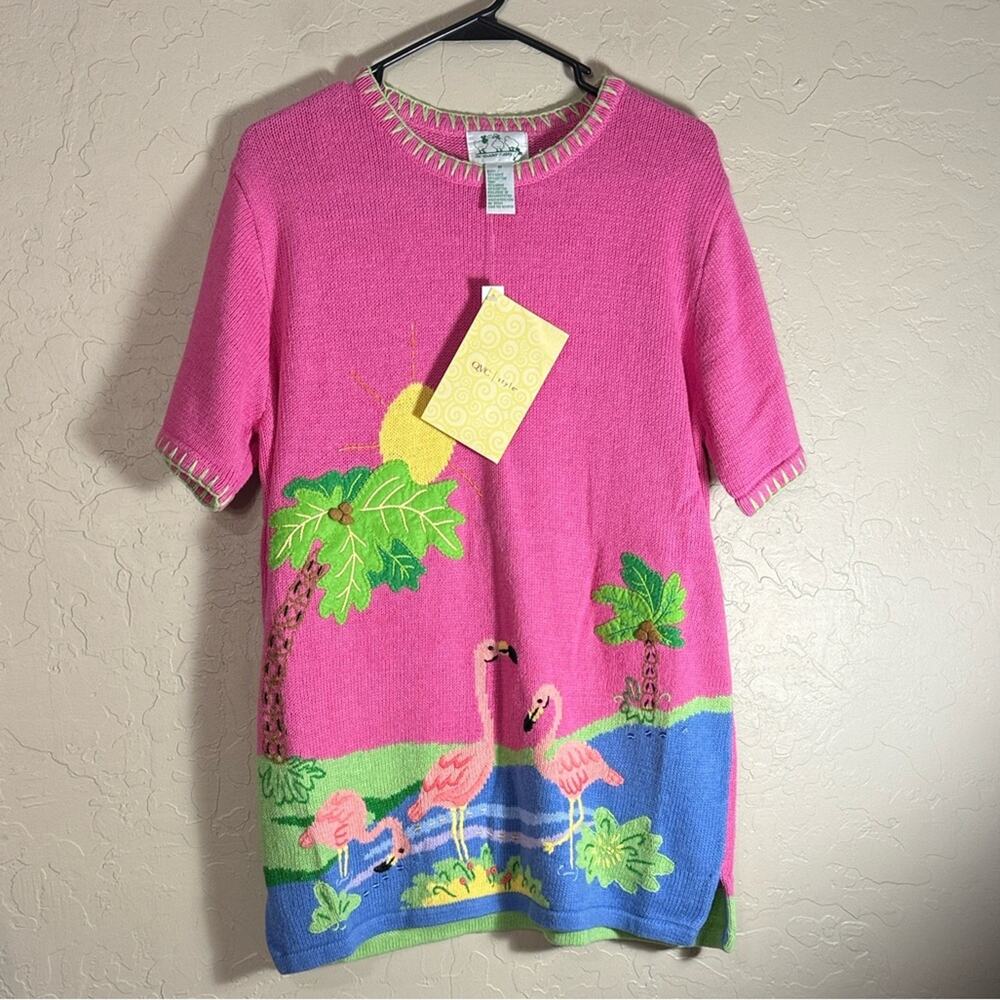 Quacker Factory pink flamingo short-sleeve ramie/cotton blend sweater NWT.